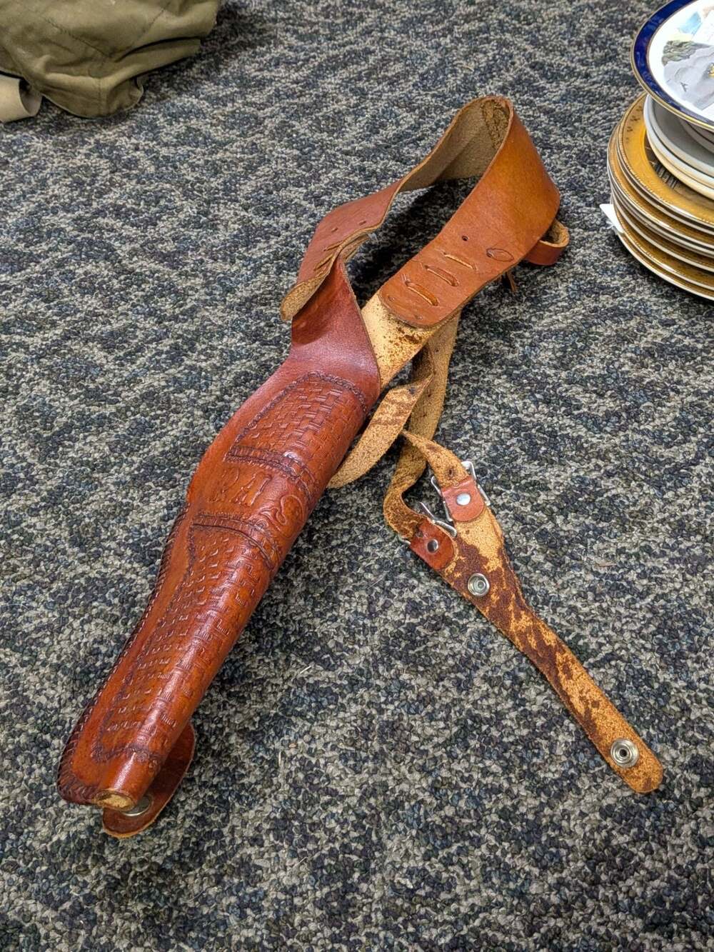Vintage Hand Crafted Tooled Leather Shoulder Holster Rig Brown